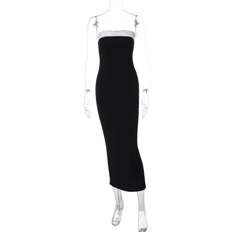 Tube Dresses - Off-shoulder Strapless Backless Sexy Maxi Dress For Women Patchwork Sleeveless High Waist Bodycon Split Long Dress