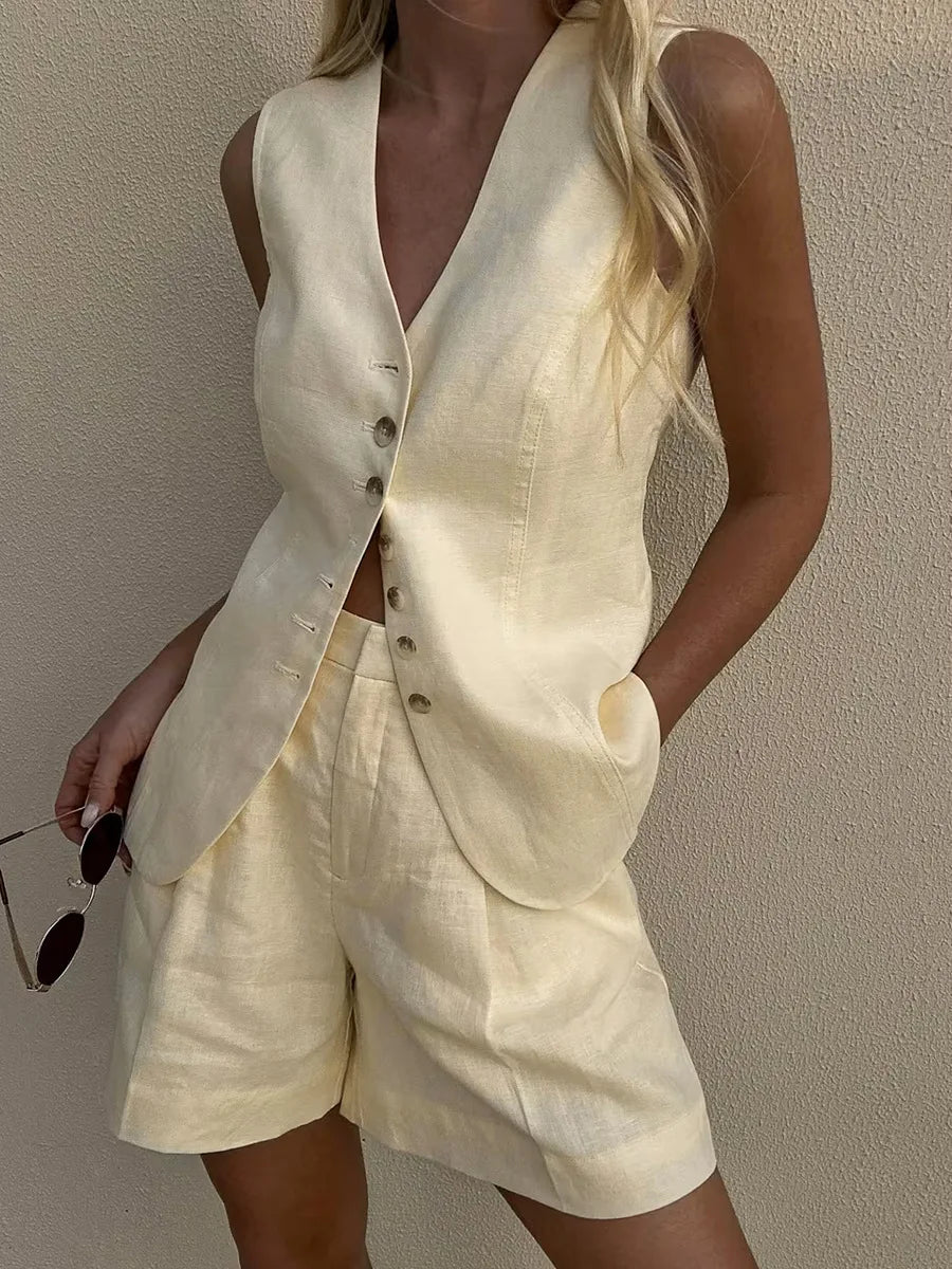 Shorts Sets - Cotton And linen Chic Casual Vest Shorts Set Women's Summer New Fashion Commuter Sleeveless Tank Top Shorts Suits