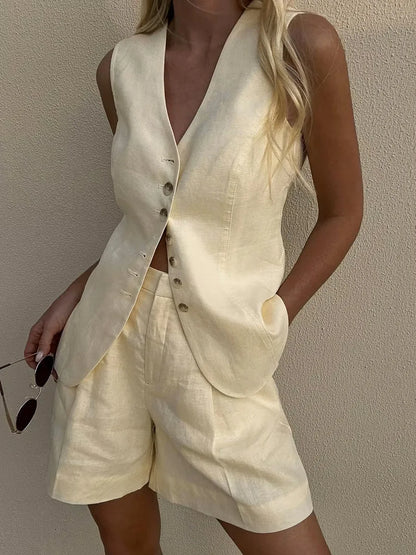 Shorts Sets - Cotton And linen Chic Casual Vest Shorts Set Women's Summer New Fashion Commuter Sleeveless Tank Top Shorts Suits