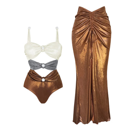 Metallic Swimwear - 2Pcs Hollow Swimsuit Women Sexy Swimwear 2025 New Bikini With Skirt Female Biquini Push Up Swim Suit Bodysuit Beachwear Cover Up