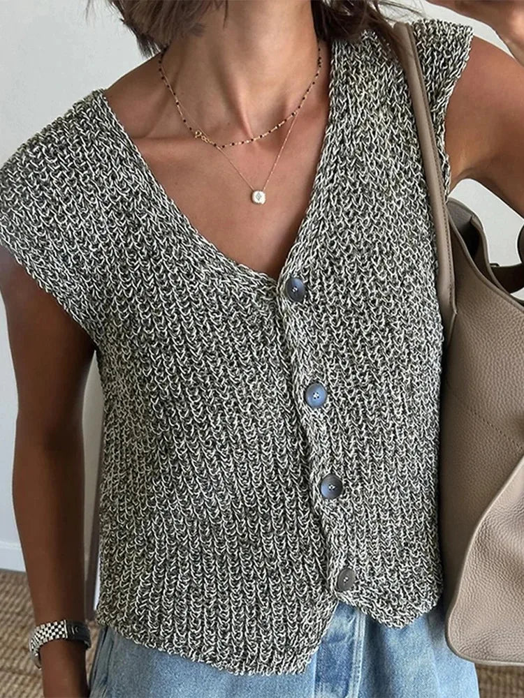 Knit Tops - Female Casual Slim Fit Sleeveless Single Breasted V Neck Crop Top Elegant Knit Vest for Women 2024 Fashion Lady Outwear