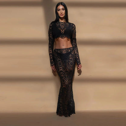 Matching Sets - Elegant See Through Crochet Top Women Set Hallow Out Flare Long Sleeve Top Slim Empire Hip Package Skirts 2025 Summer Lady Set