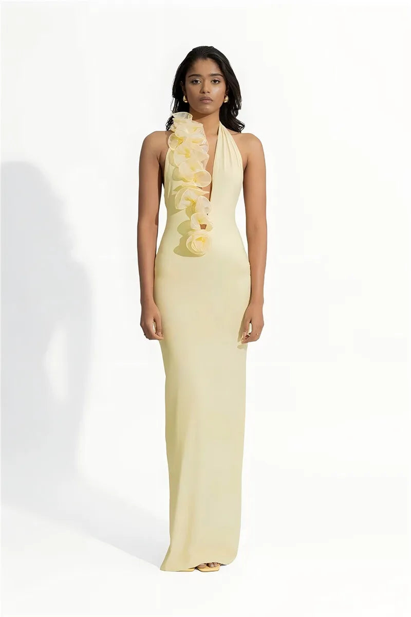 Mozision Mesh Rose Deep V Neck Sexy Maxi Dress For Women Gown Elegant Halter Sleeveless Backless Bodycon Club Party Long Dress