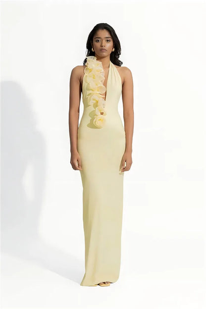 Mozision Mesh Rose Deep V Neck Sexy Maxi Dress For Women Gown Elegant Halter Sleeveless Backless Bodycon Club Party Long Dress