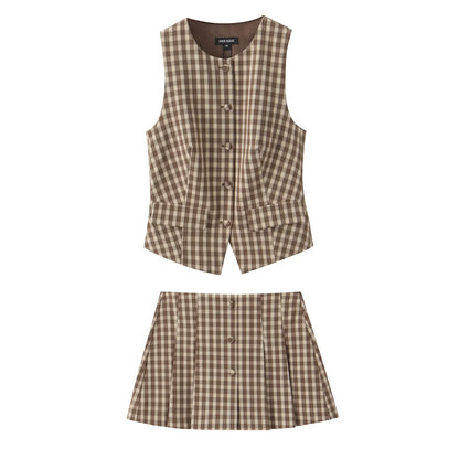 Skirts set - TRAFZA Women 2 Piece Set Elegant Plaid O-Neck Single Breasted Pocket Decorate Vest Top+Chic Zipper Pleated Slim Mini Culottes