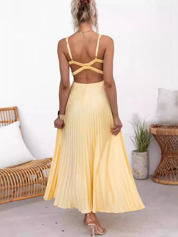 Elegant Dresses - Summer Fashion New Style Women's Elegant Strap Fold Style Loose Solid Color Vacation Style Banquet Style Women's Long Dress