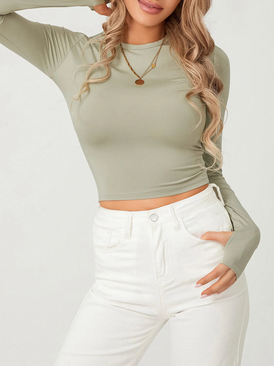 Tees - Fashion Women Basic T-shirt with Thumb Holes Long Sleeve Crew Neck Solid Slim Fit Basic Crop Top Streetwear