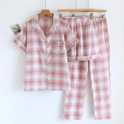 Pajamas - 100% Cotton Women's pajamas Summer Pajama Set Loose-fit Short Sleeve Shorts Trousers Three-piece Thin Homewear