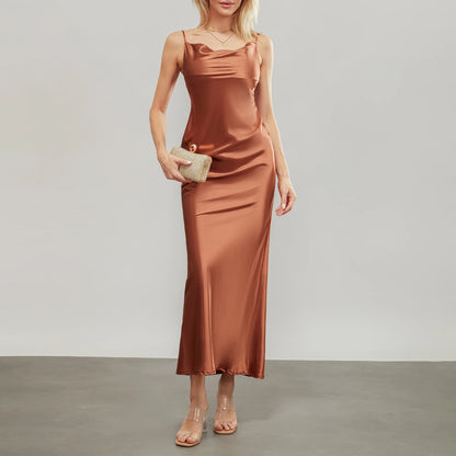 Satin Dresses - Backless Spaghetti Straps Party Long Dresses 2024 New Evening Gown Satin Vestidos Women's Cowl Neck Slip Wrap Dress