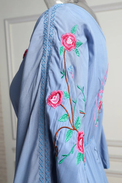 Kaftans - Jastie Embroidered Women Maxi Dress V-Neck Batwing Sleeve Loose Oversize Summer Dresses Drawstring Waist Boho Beach Vestidos