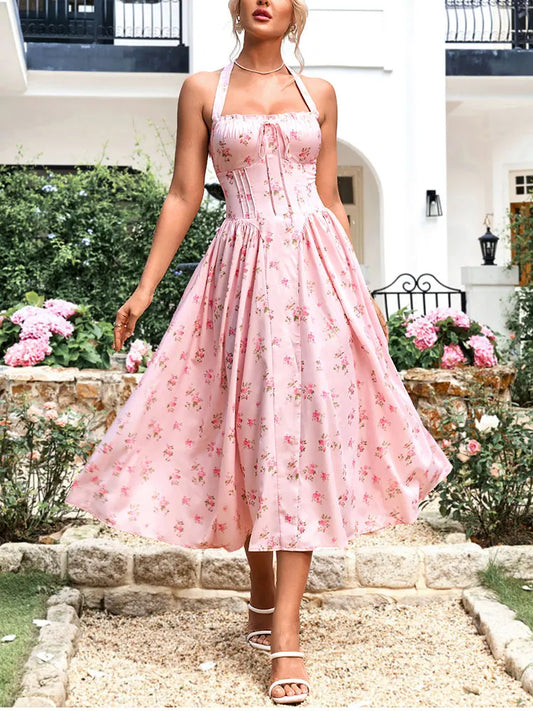 Floral Dresses - Women's Halter Backless Print Floral Midi Corset Dress Spaghetti Straps Tie Up Fashion Casual Holiday Long Dresses Pink