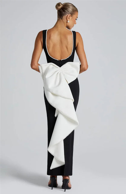 Elegant Dresses - Elegant Pearl Bow Backless Sexy Maxi Dress Women Gown Fashion Sleeveless High Waist A-line Club Party Long Dress