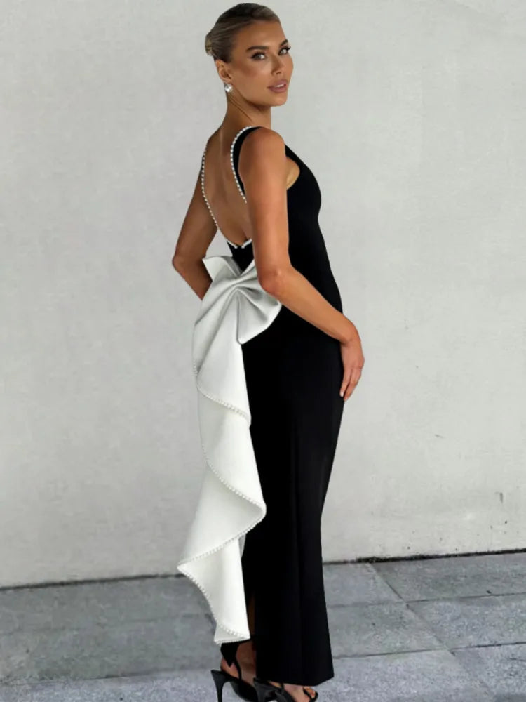 Elegant Dresses - Elegant Pearl Bow Backless Sexy Maxi Dress Women Gown Fashion Sleeveless High Waist A-line Club Party Long Dress