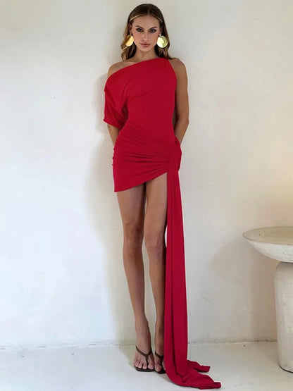 Asymmetric Dresses - Oblique Shoulder Backless Irregular Sexy Mini Dress For Women Fashion Sleeveless Draped Ruched Club Dress Elegant