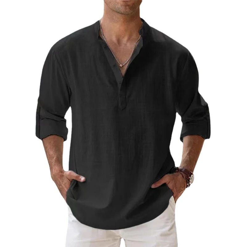 Men Shirts - New Cotton Linen Shirts for Men Casual Shirts Lightweight Long Sleeve Henley Beach Shirts Hawaiian T Shirts for Men