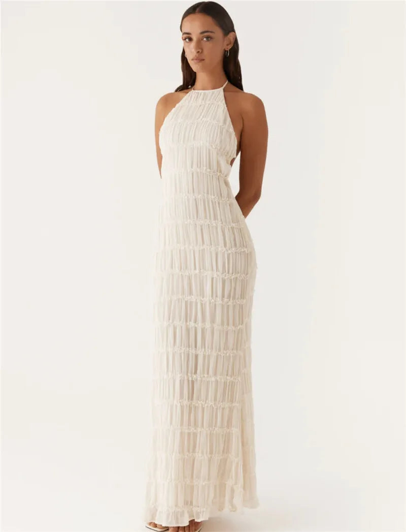 Party Dresses - Mozision Halter Backless Sexy Maxi Dress For Women Spring Summer New Lace-up Sleeveless Pleated Beach Holiday Long Dress Elegant