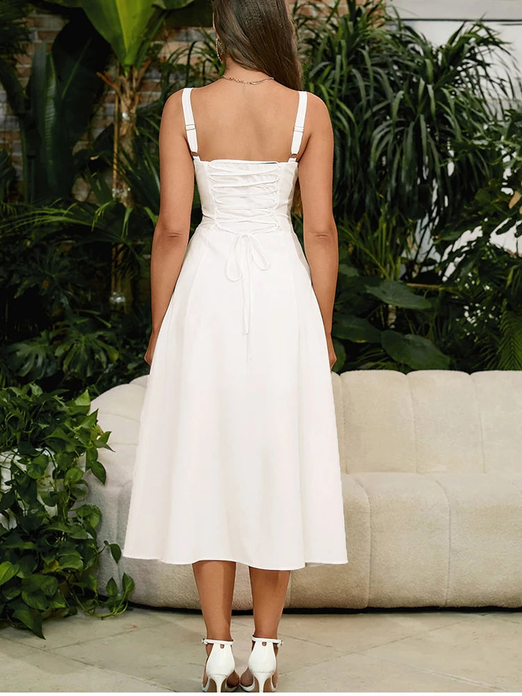 Cami Dresses - Summer Sweet Solid Sleeveless Long Dress Women Fashion Bandage Camisole Dresses Padded Boned Robe Elegant Party Vestidos