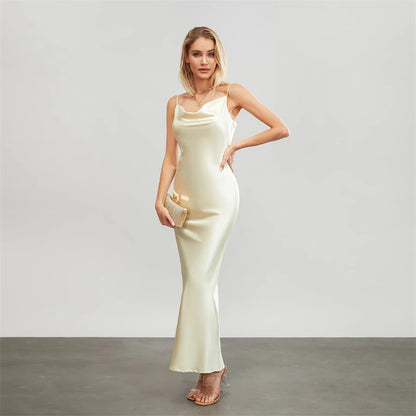 Satin Dresses - Backless Spaghetti Straps Party Long Dresses 2024 New Evening Gown Satin Vestidos Women's Cowl Neck Slip Wrap Dress