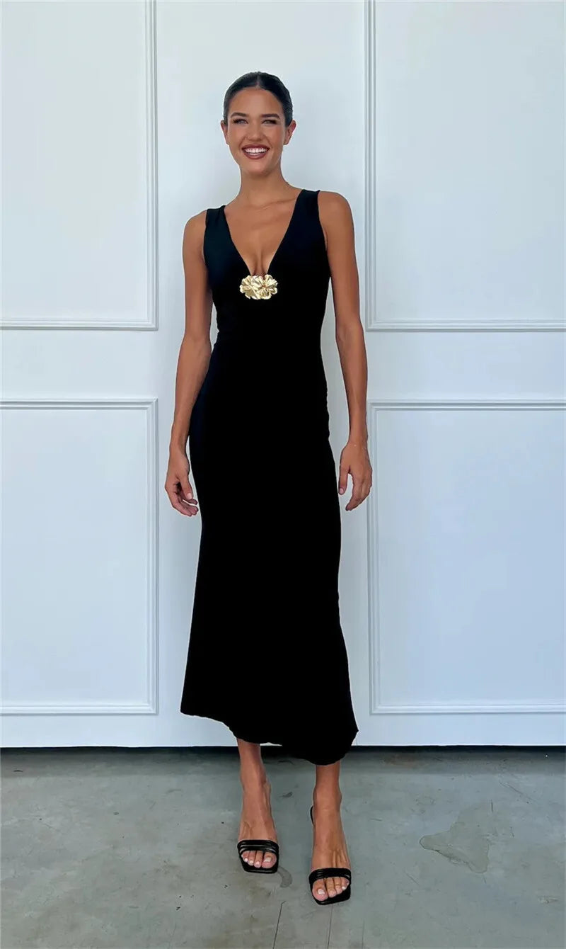 Elegant Dresses - Elegant Deep V Neck Front Gold Clasp Sexy Maxi Dress For Women Black Gown Sleeveless Slim Fit Long Tank Dress Elegant