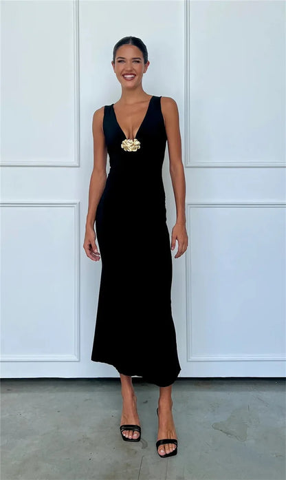Elegant Dresses - Elegant Deep V Neck Front Gold Clasp Sexy Maxi Dress For Women Black Gown Sleeveless Slim Fit Long Tank Dress Elegant