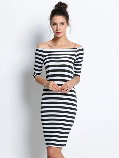 Bodycon dresses - Spring Summer Dresses Woman Size Dresses For Women Casual Stripe Print Off The Shoulder Half Long Sleeve Long Dress Robe Femme