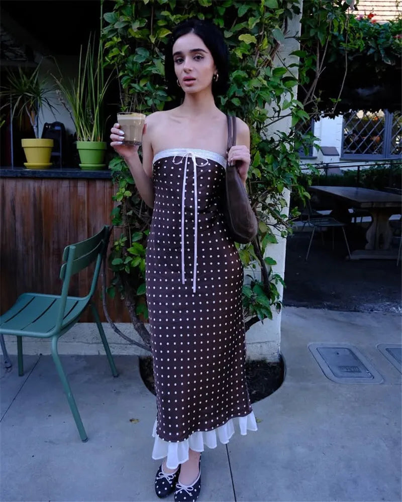 Strapless Dresses - Lace Strapless Backless Sexy Midi Dress For Women Fashion Off-shoulder Sleeveless Bodycon Polka Dot Dress Elegant