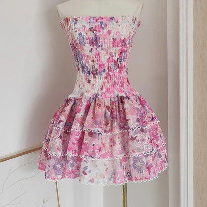 Strapless Dresses - fashion Short Dress Vacation Style Print Hollow Out Splicing Ruffle Edge Elegant Party Dresses Women 2025 Spring Summer 978