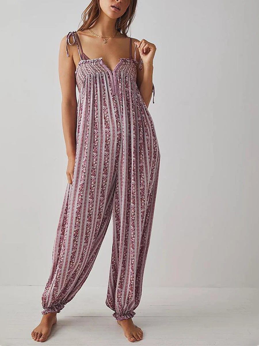 Jumpsuits - Women Summer Cami Jumpsuits Retro Floral Print Tie-Up Spaghetti Strap Sleeveless Long Rompers Fashion Loose Playsuits