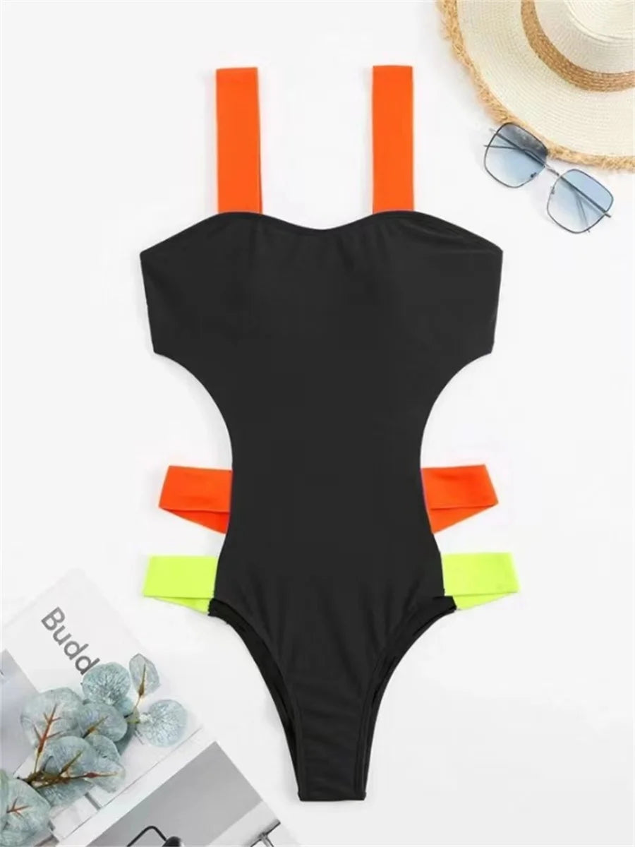 One Piece Swimsuit - Sexy Black Contrast One Piece Swimsuit 2025 Women Neon Strap Hollow Out Backless Monokini Summer Bathing Suit Patchwork Swimwear