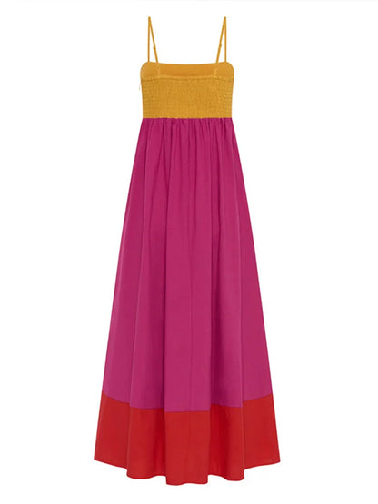 Casual Dresses - Contrast Color Holiday Long Dress Women 2025 Spring Spaghetti Strap High Waist Sleeveless Backless Dresses Female A-line Beach