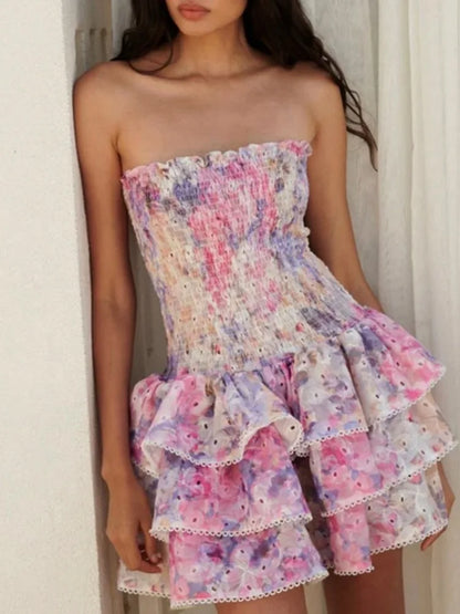 Strapless Dresses - fashion Short Dress Vacation Style Print Hollow Out Splicing Ruffle Edge Elegant Party Dresses Women 2025 Spring Summer 978