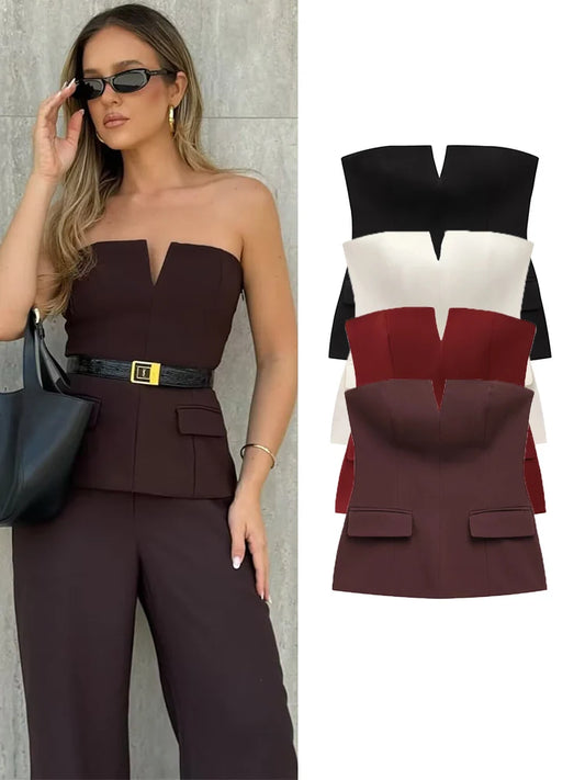 Strapless Tops - Spring Summer Women Strapless Crop 2025 Tops Basic Sleeveless Office Lady Tops Trend Street Classic Solid Tube Tops
