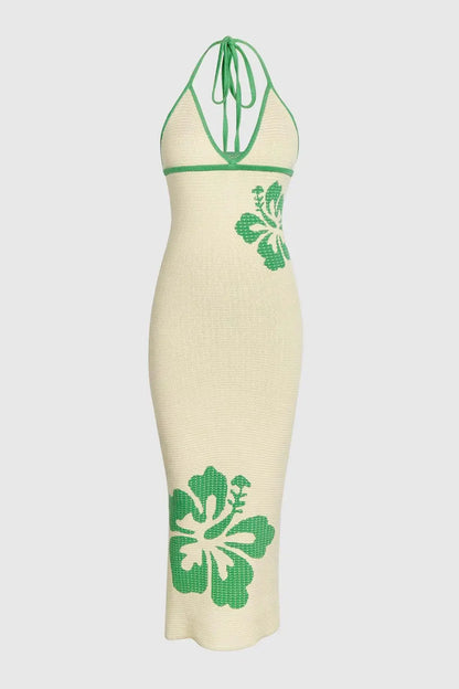 Vacation Dresses - 2024 Summer New Knitted Halterneck with Suspenders V-neck Sexy Backless Fashion Flower Print Slim Dress