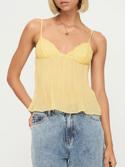Cami Tops - Women's Y2K Pleated Babydoll Camisoles Front Mini Bow Decor Adjustable Spaghetti Straps Lace V-Neck Ruffled Hem Tops
