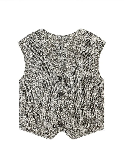 Knit Tops - Female Casual Slim Fit Sleeveless Single Breasted V Neck Crop Top Elegant Knit Vest for Women 2024 Fashion Lady Outwear