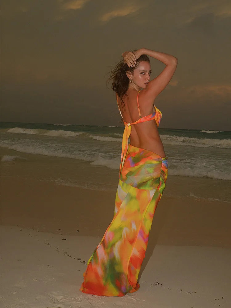 Skirts set - Sexy Wrap Around Cover Up Cut out Mesh Cover-ups Print Beach Long Dress Beathing Suit Beachwear Female Women Maxi Beach