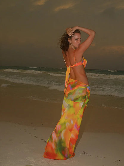 Skirts set - Sexy Wrap Around Cover Up Cut out Mesh Cover-ups Print Beach Long Dress Beathing Suit Beachwear Female Women Maxi Beach