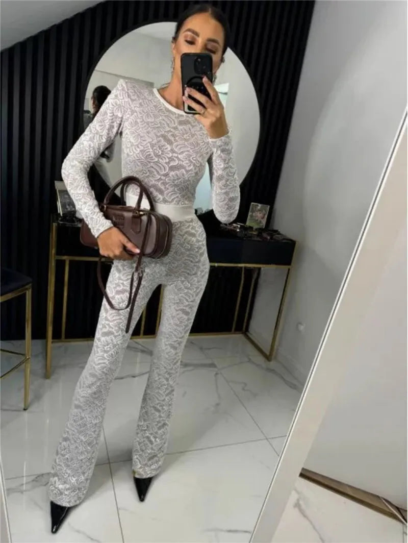 Jumpsuits - Mozision Lace Print Long Sleeve Jumpsuits Women Overalls Fashion Autumn Winter New Two Layer O Neck Slim Fit Sexy Jumpsuits