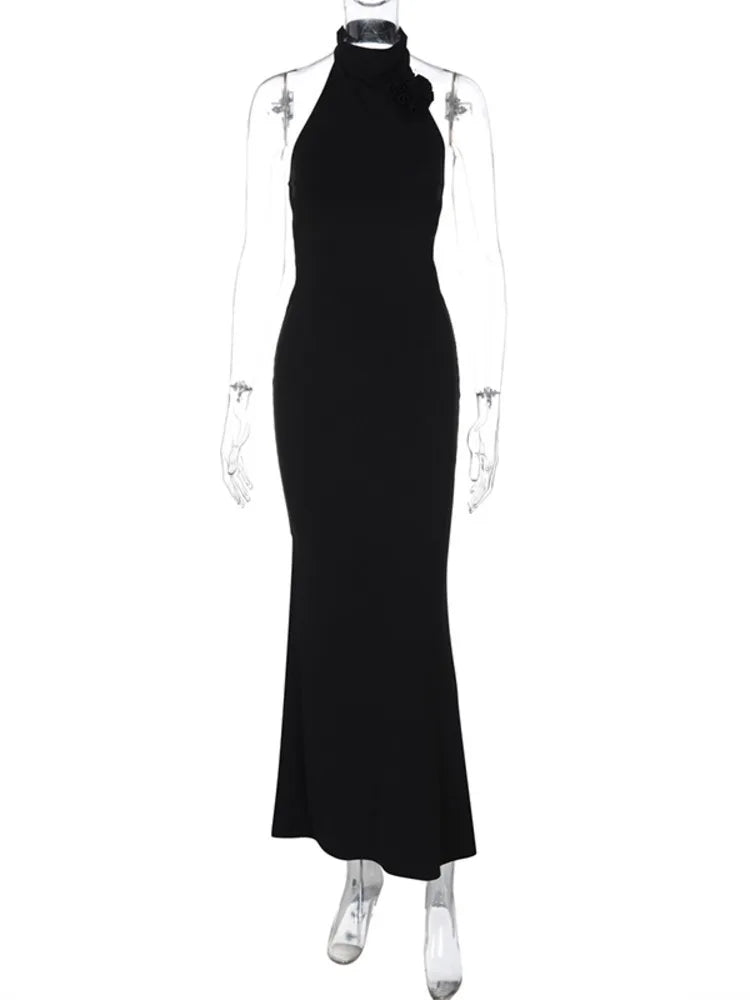 Elegant Dresses - Flower Sleeveless Sexy Maxi Dress For Women Gown Fashion Halter Backless Bodycon Evening Club Long Dress Vestido