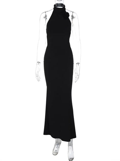 Elegant Dresses - Flower Sleeveless Sexy Maxi Dress For Women Gown Fashion Halter Backless Bodycon Evening Club Long Dress Vestido