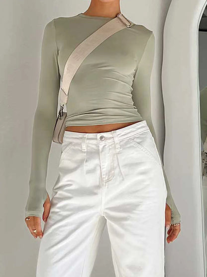 Tees - Fashion Women Basic T-shirt with Thumb Holes Long Sleeve Crew Neck Solid Slim Fit Basic Crop Top Streetwear