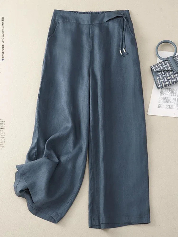 Pants - Summer Wide Leg Pants Women Elastic High Waist Cotton and Linen Casual Pants Loose Straight Yellow Women's Pants