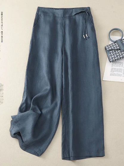 Pants - Summer Wide Leg Pants Women Elastic High Waist Cotton and Linen Casual Pants Loose Straight Yellow Women's Pants