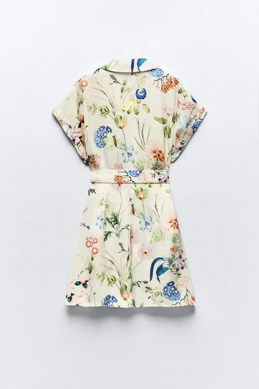 A-Line Dresses - ZBZA Women's Floral Print Satin Dress Short Turned-up Sleeves Self Belt Lapel Collar Pockets Button Mini Skirt Female Chic Dress