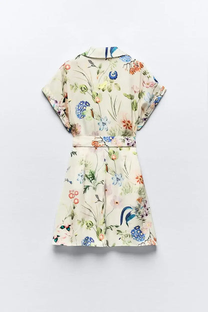 A-Line Dresses - ZBZA Women's Floral Print Satin Dress Short Turned-up Sleeves Self Belt Lapel Collar Pockets Button Mini Skirt Female Chic Dress