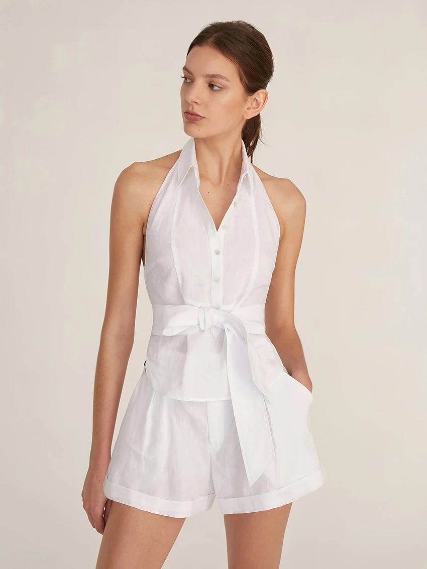 Shorts Sets - Fashion Women Nightwear Suit Turn-Down Collar Sleepwear Backless Sleeveless Pajamas Lace Up Pijama Shorts Pyjamas Set