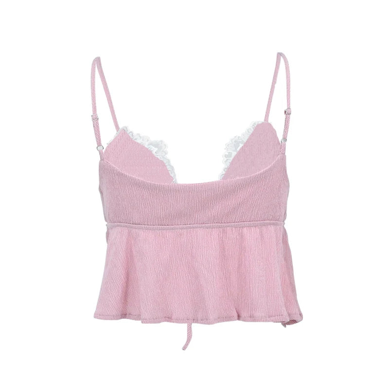 Camis - Sexy Crop Top Women Camis Summer Sleeveless Fashion Streetwear Pink Lace Camis Backless Casual Solid Basic Female Cropped Top