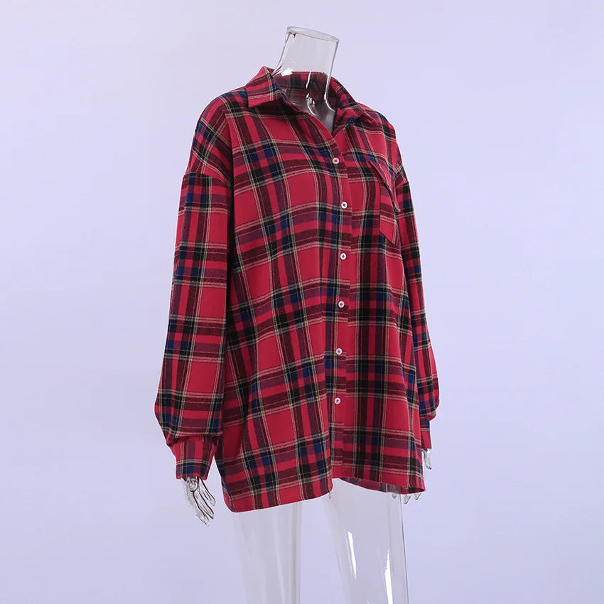 Plaid Shirt For Women, Red Bright Grid, Oversized Blouse, Leisure And Fashionable Top, Spring And Autumn Seasons
