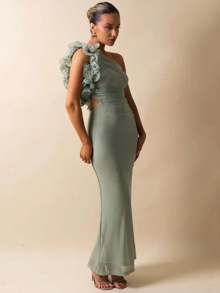 Elegant Dresses - Shoulder Floral Mesh Ruched Sexy Maxi Dress For Women Gown Oblique Shoulder Sleeveless Backless Bodycon Long Dress