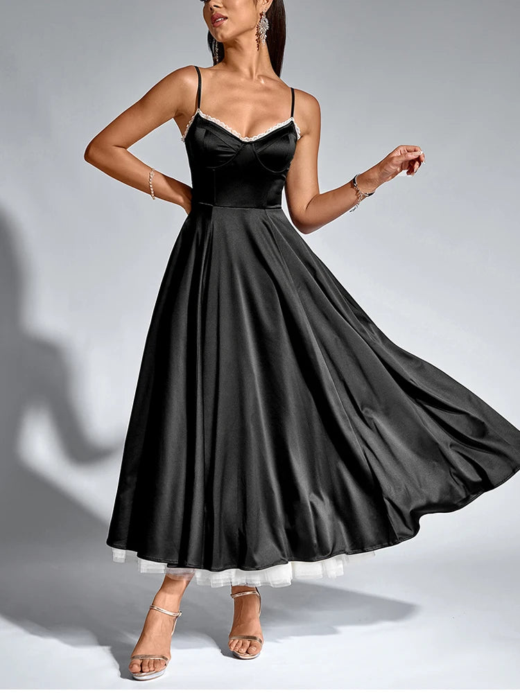 Elegant Dresses - Women's Adjustable Straps V-Neck Lace Slip Long Corset Dress Backless Contrast Elegant Casual Party Midi Dresses Black